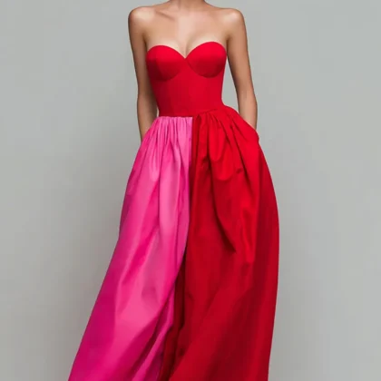 Sweetheart A-Line Long Formal Dress in Red and Fuchsia with Corset Bodice